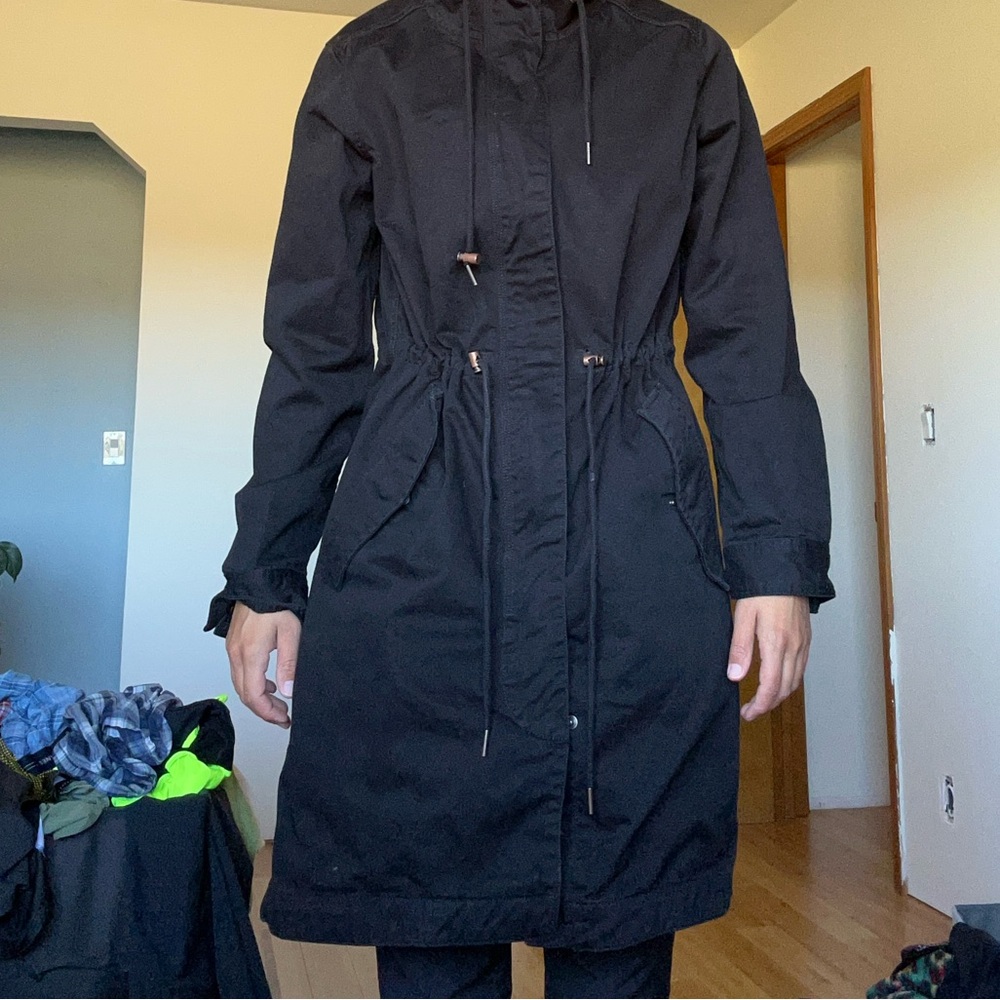 Roots Trench Coat with Hood, knee-length, cinch-up waist, zip-up with buttons